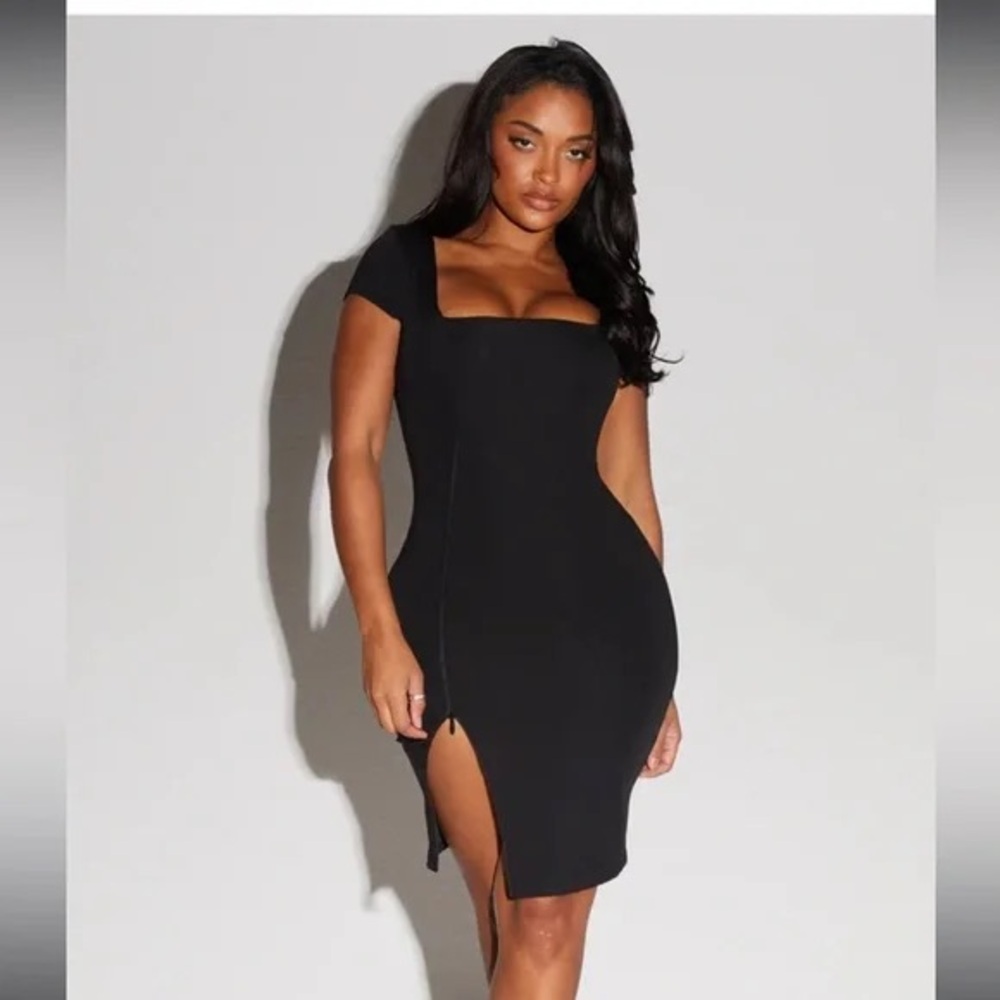 Black Shapewear Bodycon Dress with Square Neck and Zippered Slit Sz XL Short